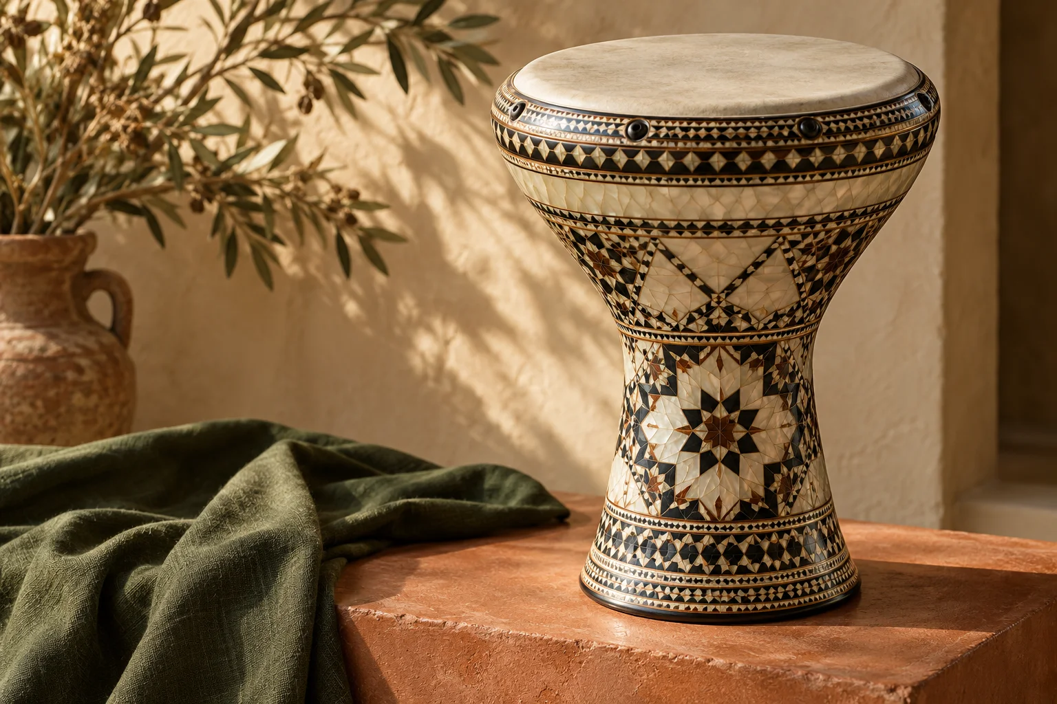 Pearl mosaic darbuka on a terracotta pedestal, lit by warm afternoon sun